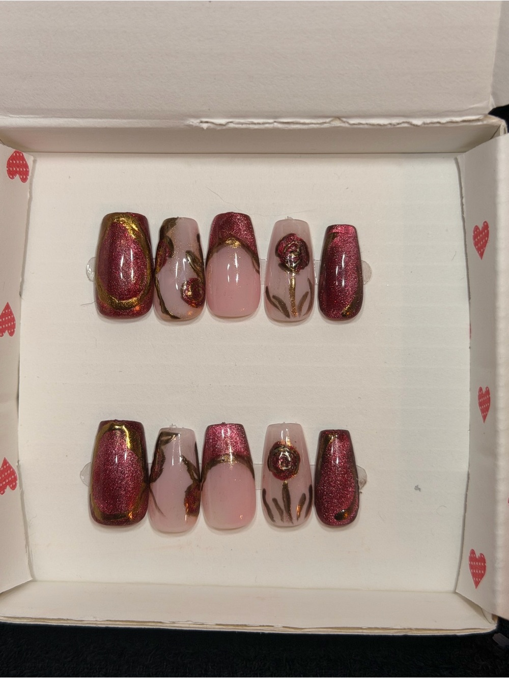 Handmade Press-On Nails — Shimmering Rose Gold Floral Set